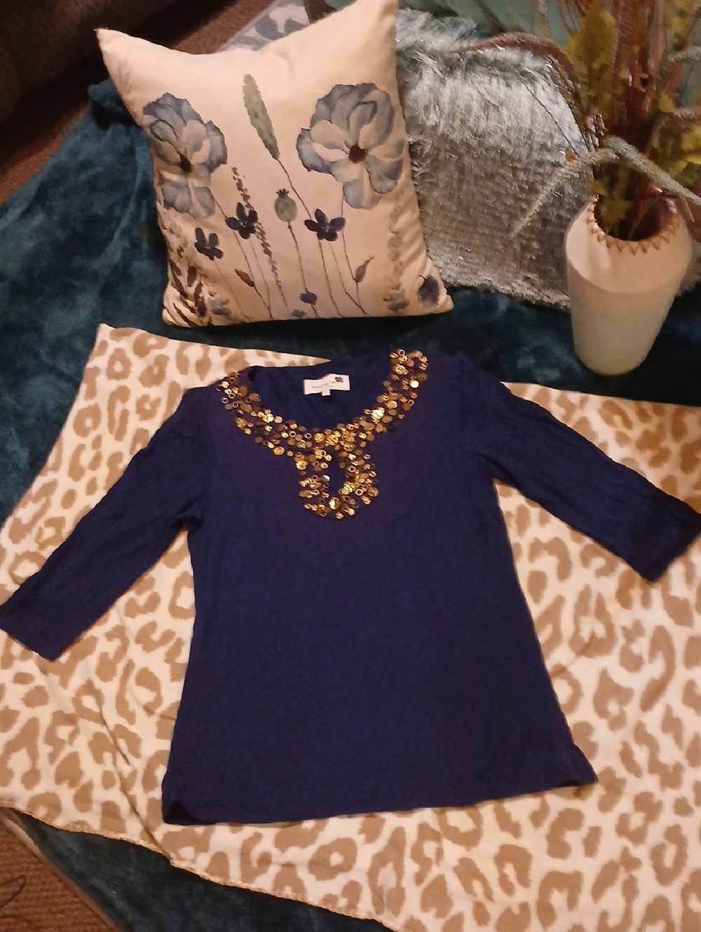 Liz Lange Navy Long Sleeve Tee with Gold Sequin Embellished Neck